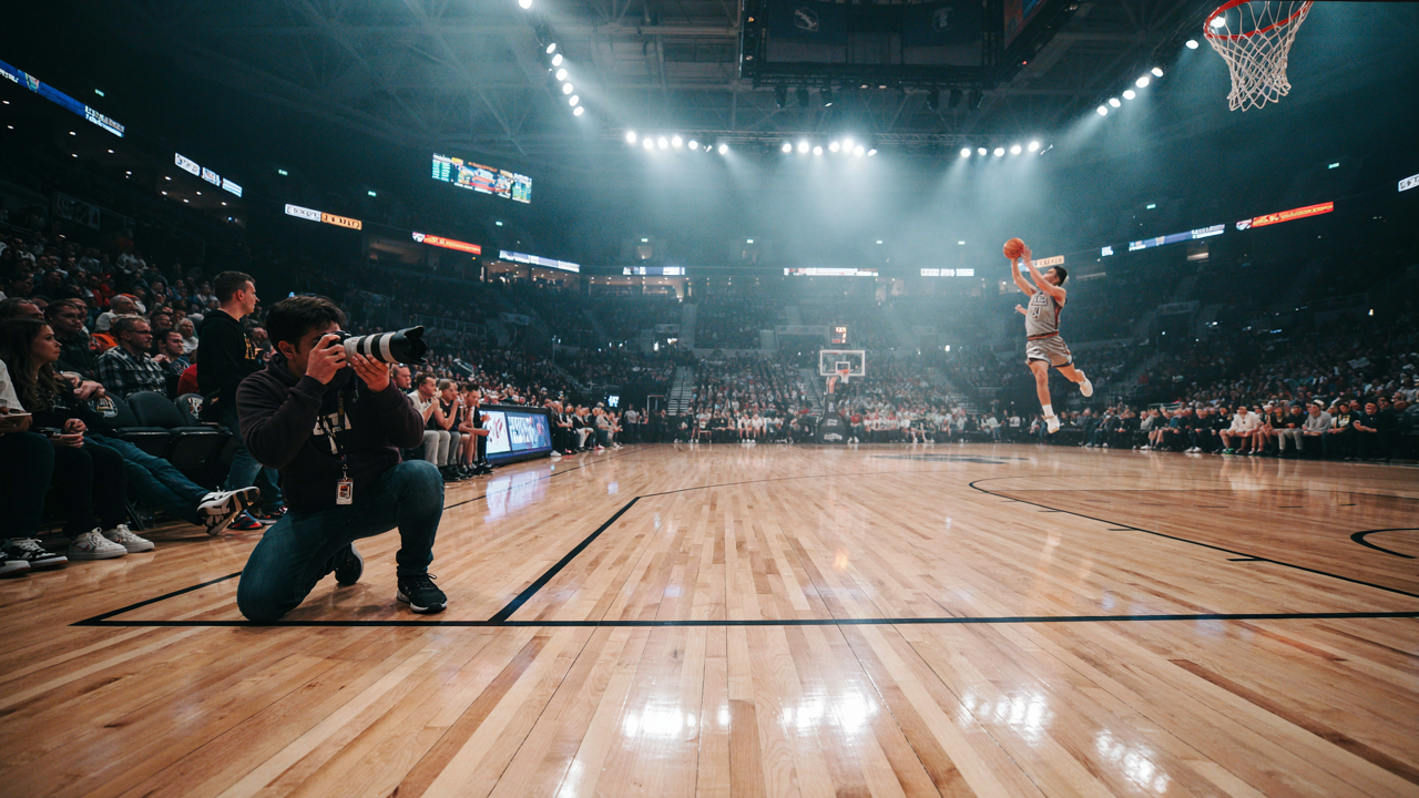 Photographer using autofocus tracking modes to follow a player driving to the basket at a college arena