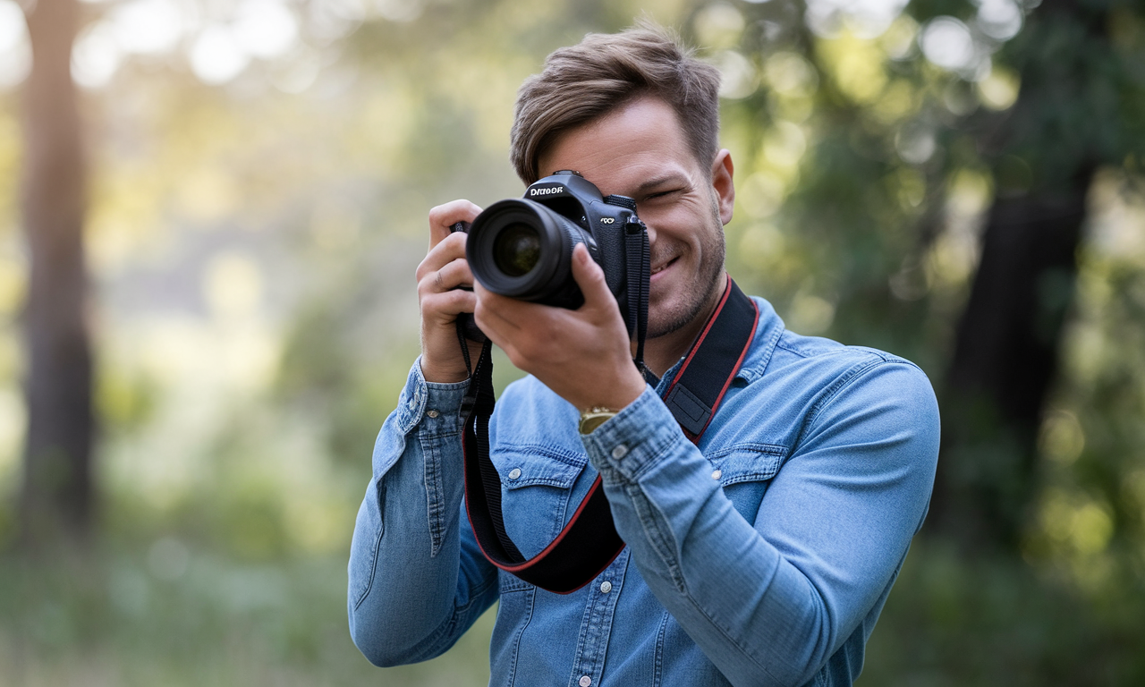Professional photographer adjusting camera strap for optimal ergonomics during outdoor shoot