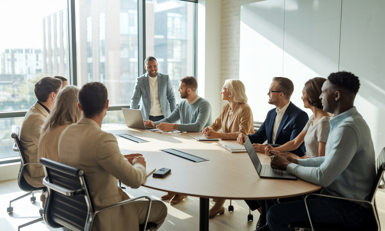 Customer advisory board meeting with business professionals discussing product innovation strategies