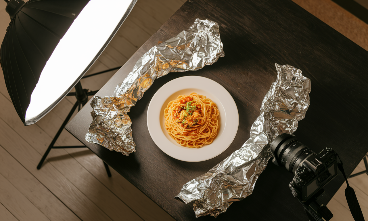 Professional food photography lighting setup with single continuous light and aluminum foil