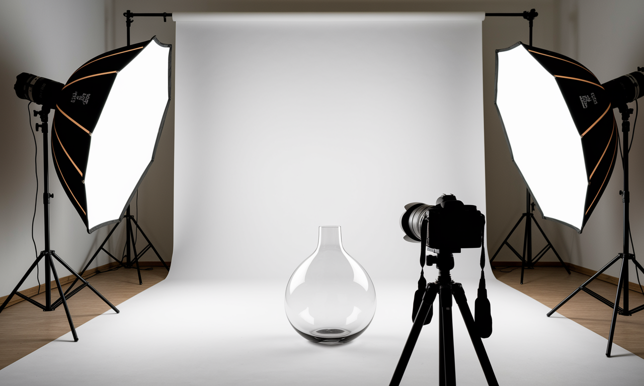 Professional lighting glass photography setup with polarizing filters and diffusion panels