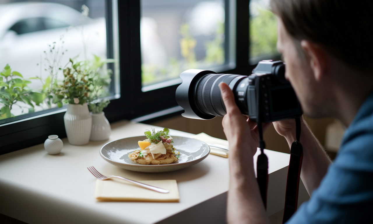 Photographer shooting restaurant dishes for a monthly photography subscription service, using a mirrorless camera and softbox in window light
