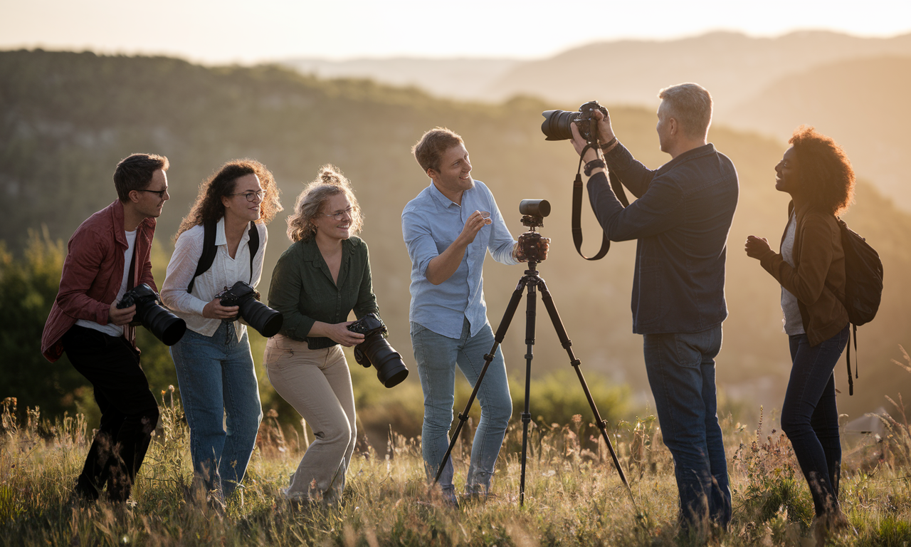 Photography workshop instructor teaching students camera techniques