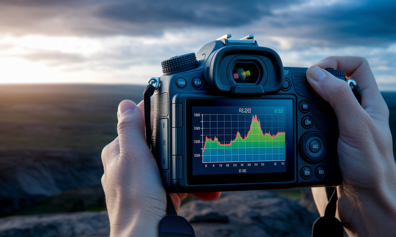 RGB histogram display on camera LCD screen showing tonal distribution
