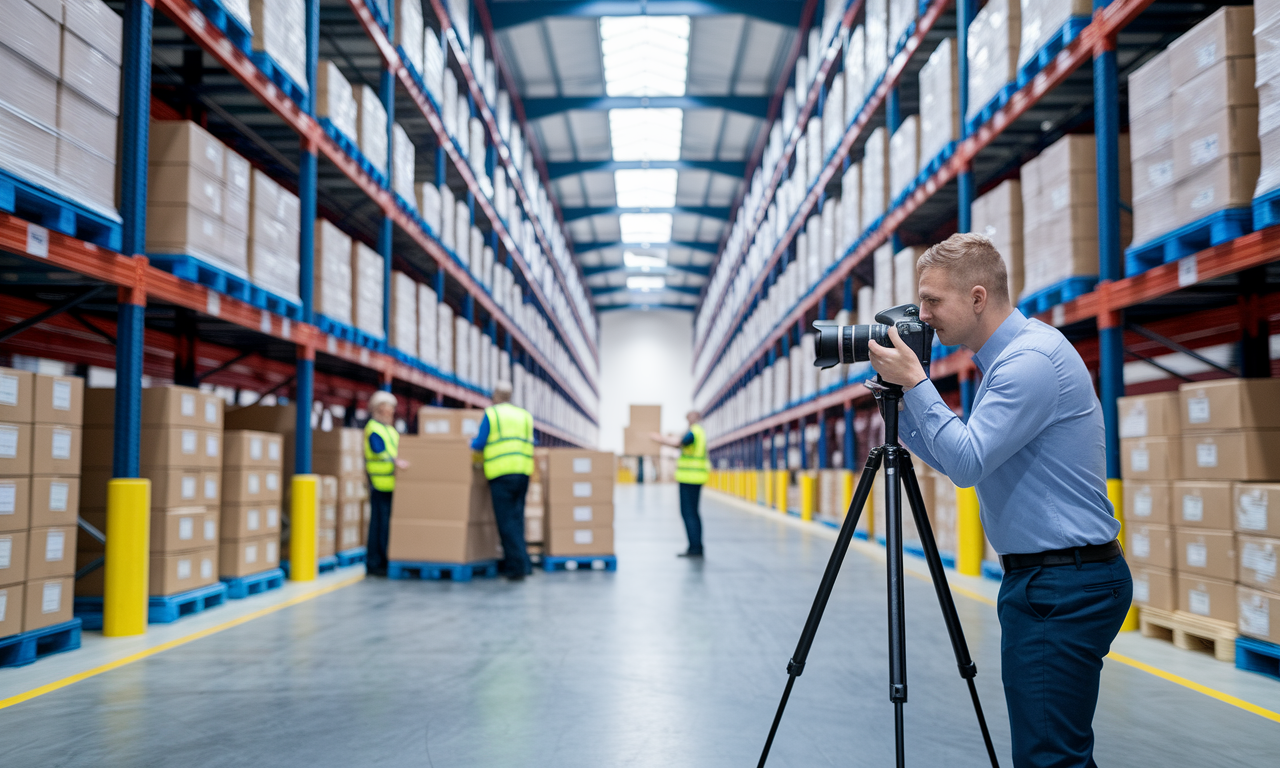 Supply chain photography equipment setup in warehouse