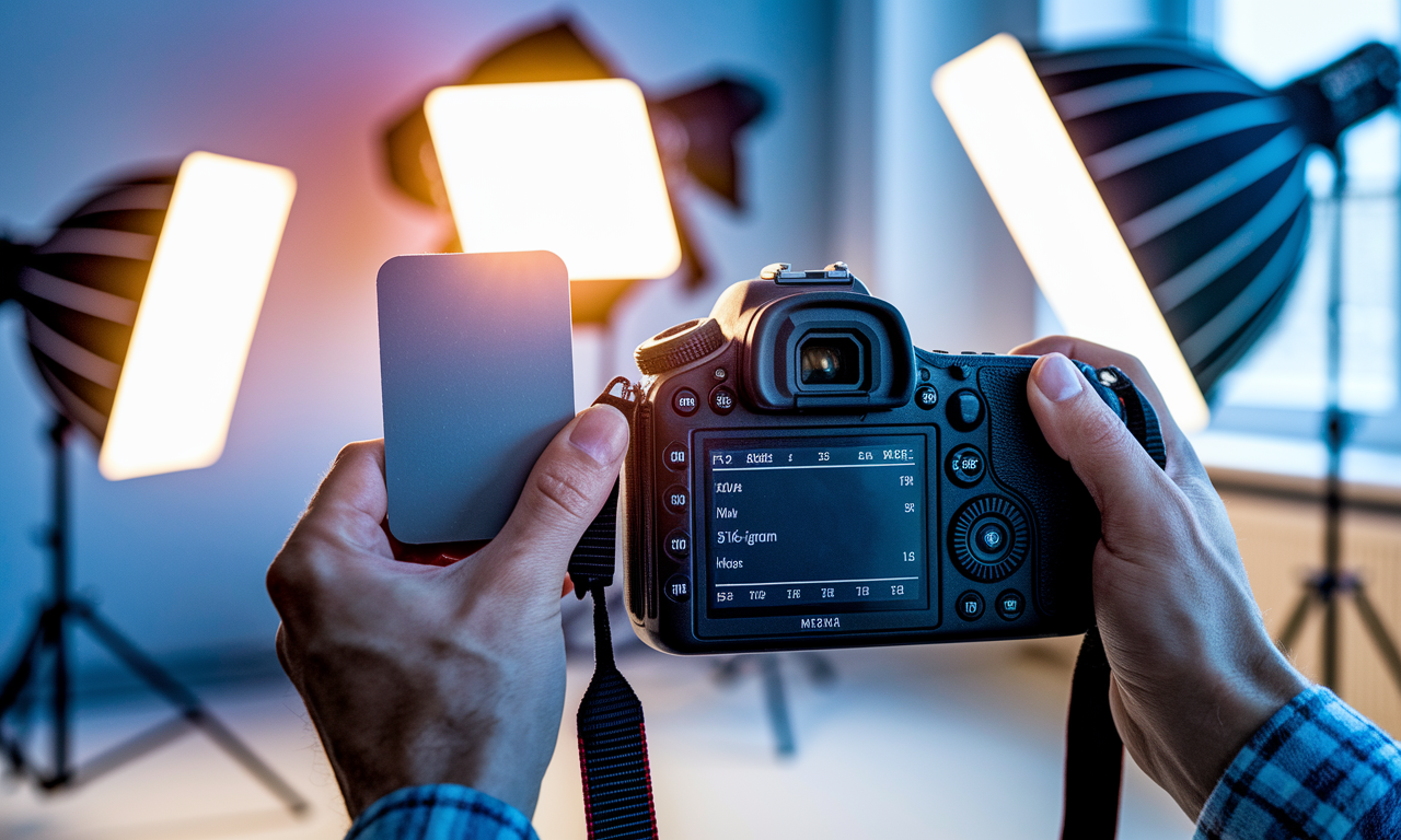 White balance settings demonstration with gray card in mixed lighting